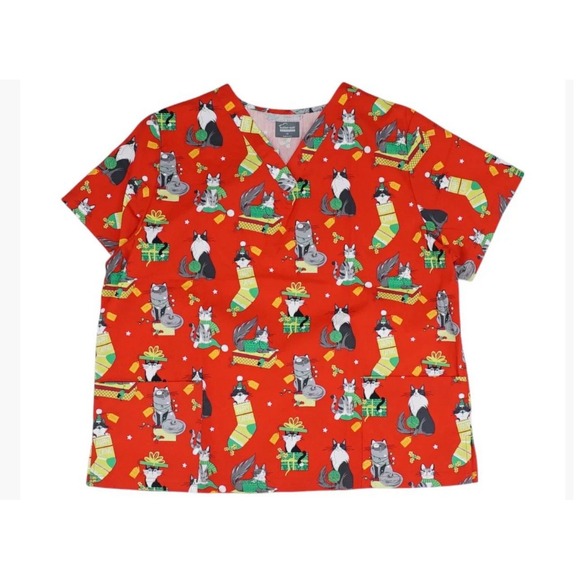 Scrub Top Butter-Soft‎ by UA Cotton Blend Christmas Red Cats women 2X New - Picture 1 of 4